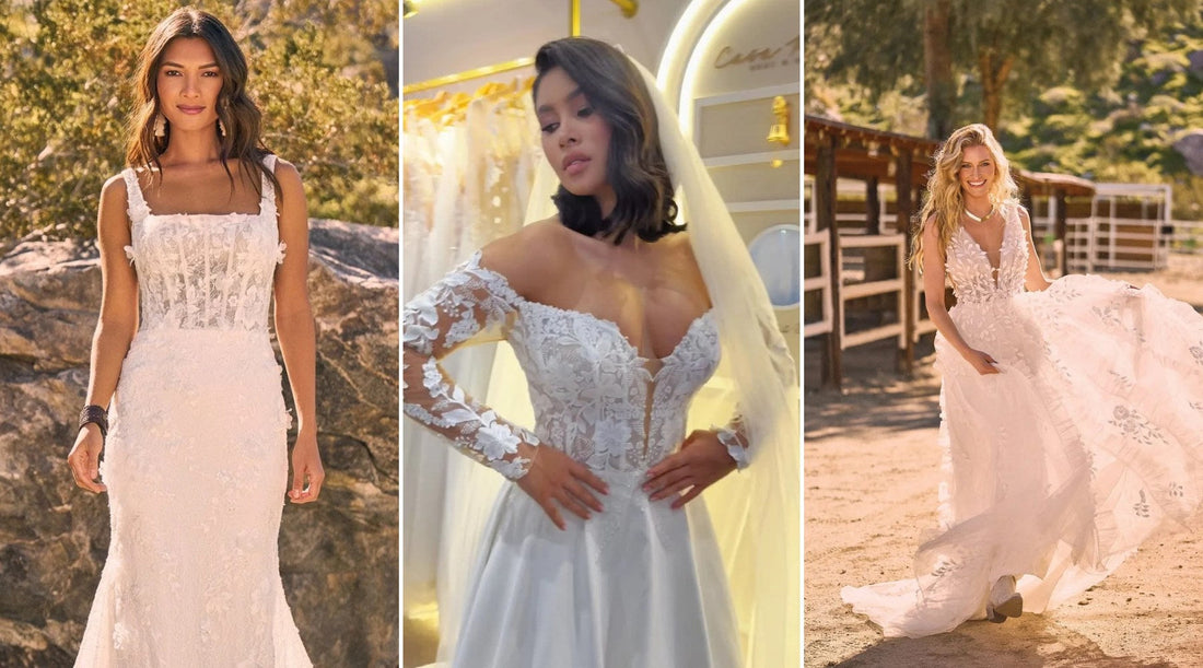 Tres vestidos de novia en alquiler en Casa París Medellín: sirena de encaje, princesa con hombros descubiertos y bohemio de tul