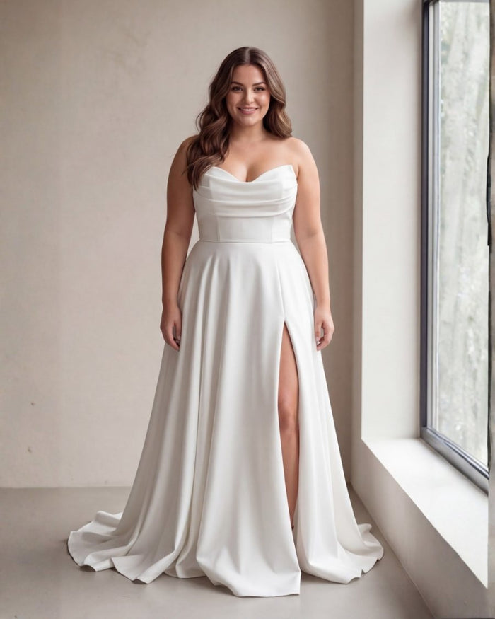 Vestido de novia sin tirantes de línea A con abertura