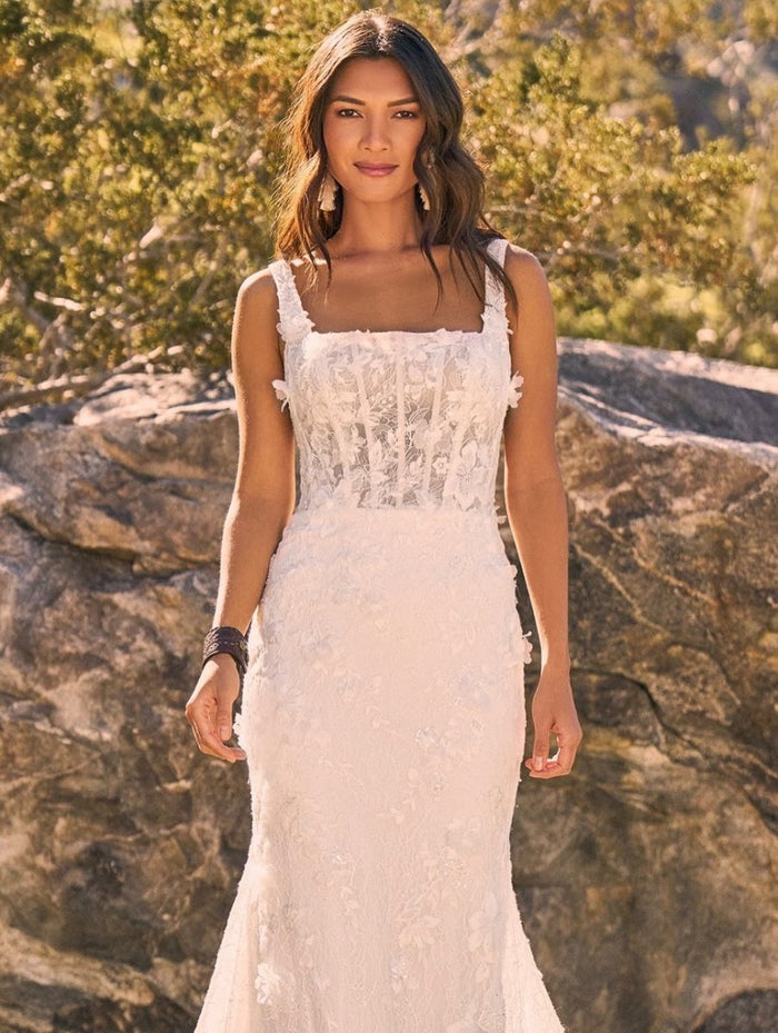 Vestido de novia Justin Alexander sirena de encaje con escote recto