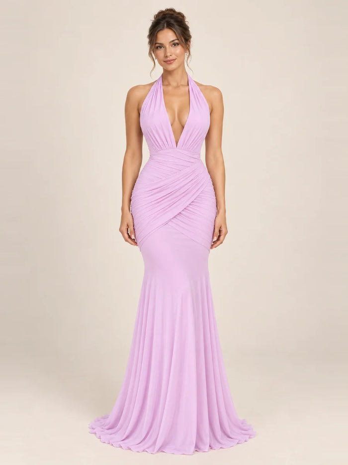 Vestido de grado y fiesta halter drapeado cruzado en color rosa lila, nuevo ingreso de la colección 2026 de Casa París en modelo virtual