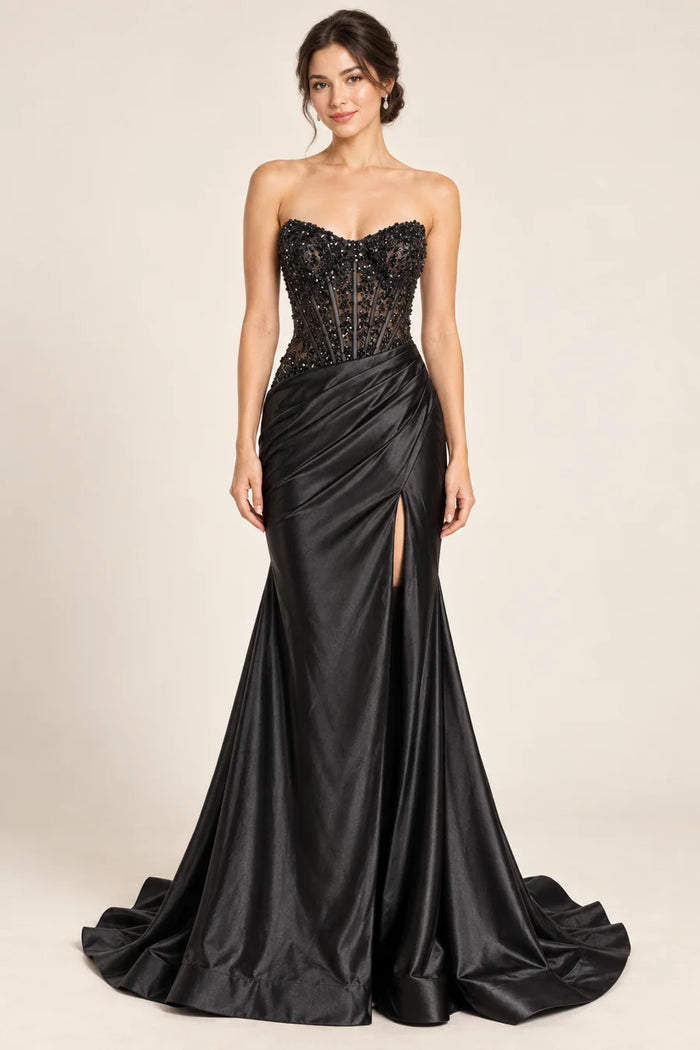 Vestido de grado corsé bordado en color negro, colección 2026 de Casa París en modelo virtual