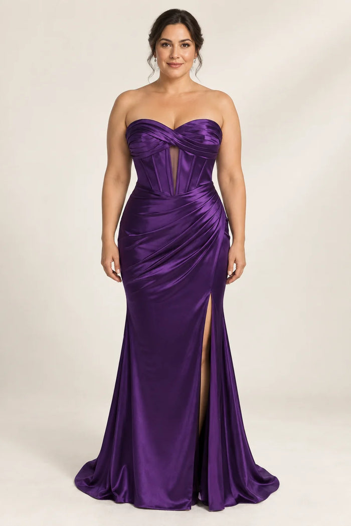Vestido de grado corsé y drapeado en púrpura en color morado, colección 2026 de Casa París en modelo virtual