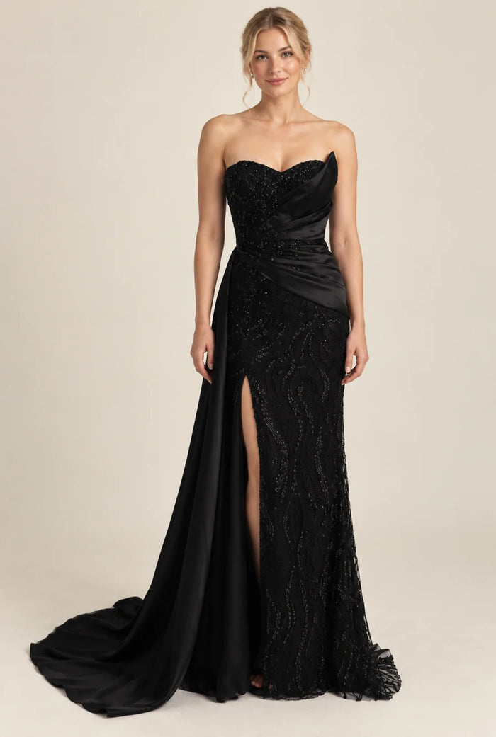 Vestido de grado encaje y falda de gala en color negro, colección 2026 de Casa París en modelo virtual