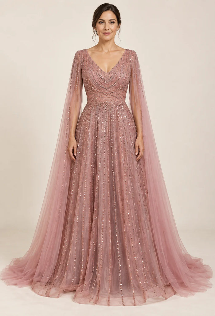 Vestido de grado falda amplia y doble capa en color rosa, colección 2026 de Casa París en modelo virtual