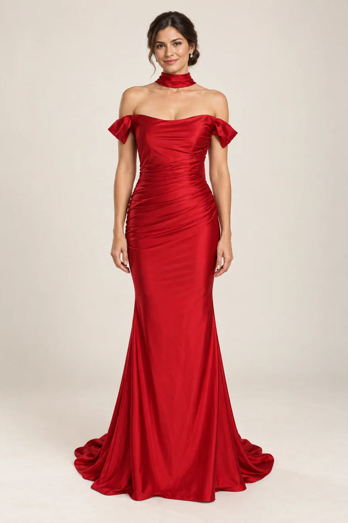 Vestido de grado hombros descubiertos con pañuelo en color rojo, colección 2026 de Casa París en modelo virtual